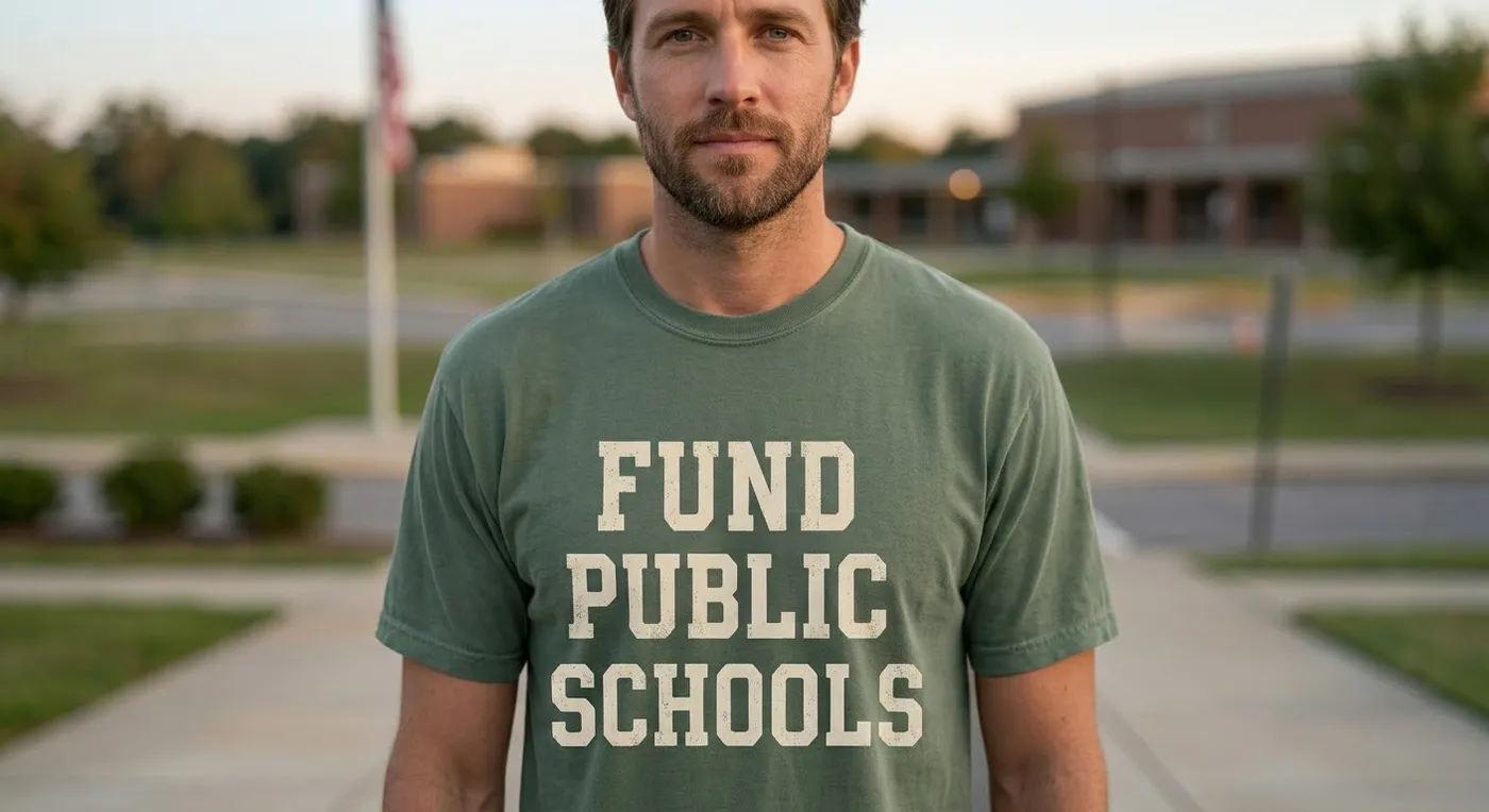 A man wearing the Fund Public Schools shirt outside a school